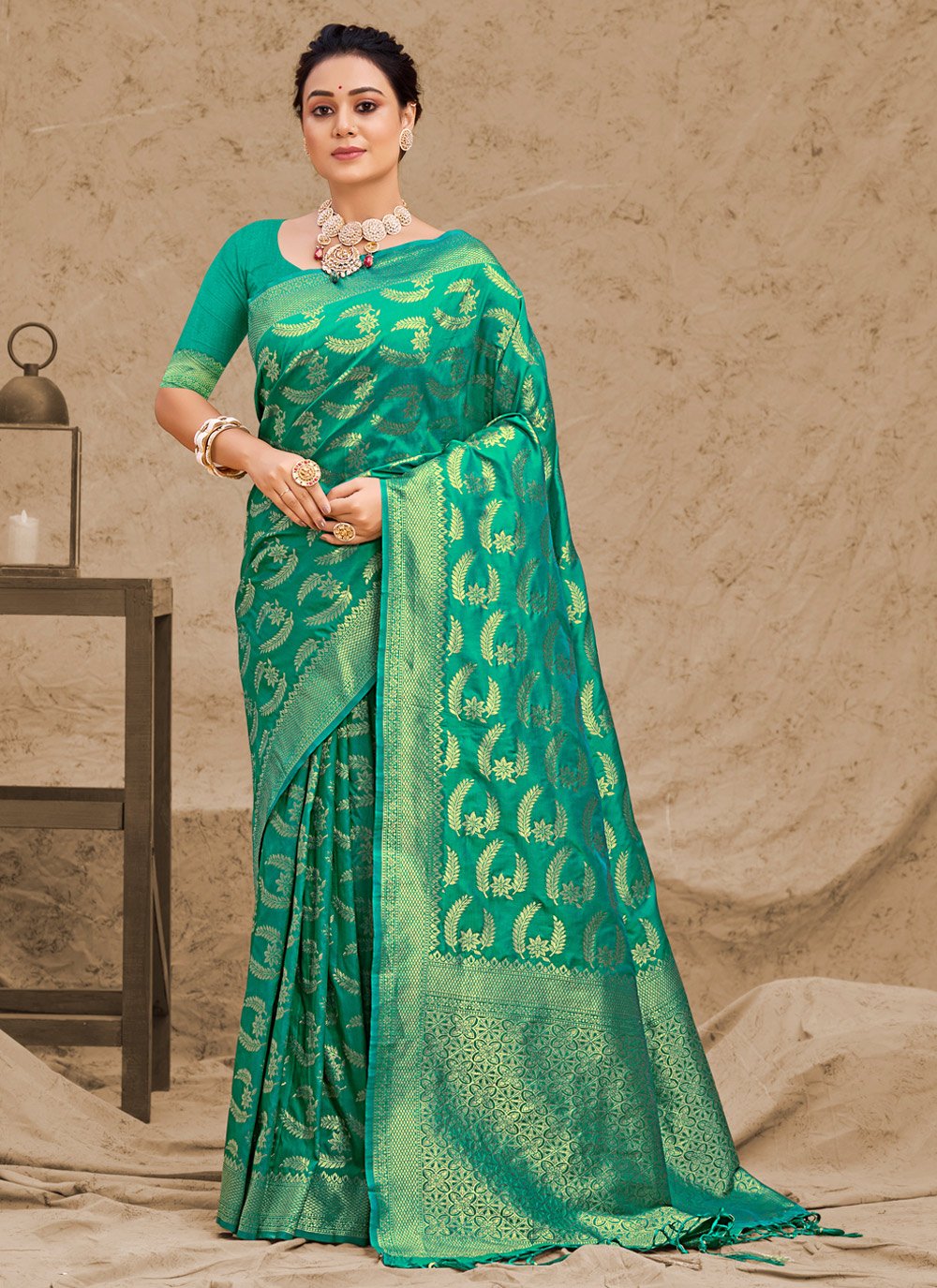 Traditional Saree Silk Green Foil Print Saree