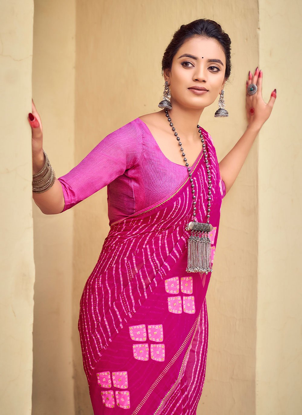 Traditional Saree Chiffon Pink Foil Print Saree