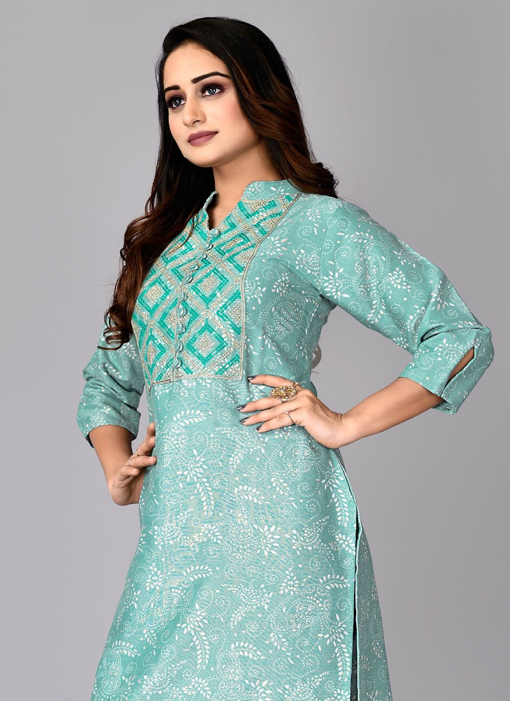 Designer Kurti Cotton Turquoise Foil Print Kurtis