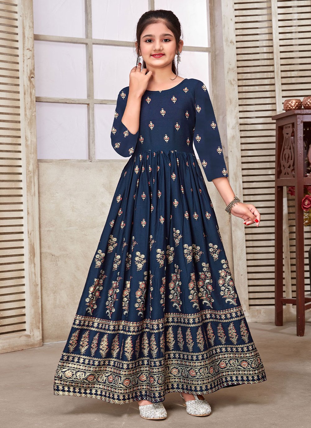 Gown Rayon Blue Foil Print Kids