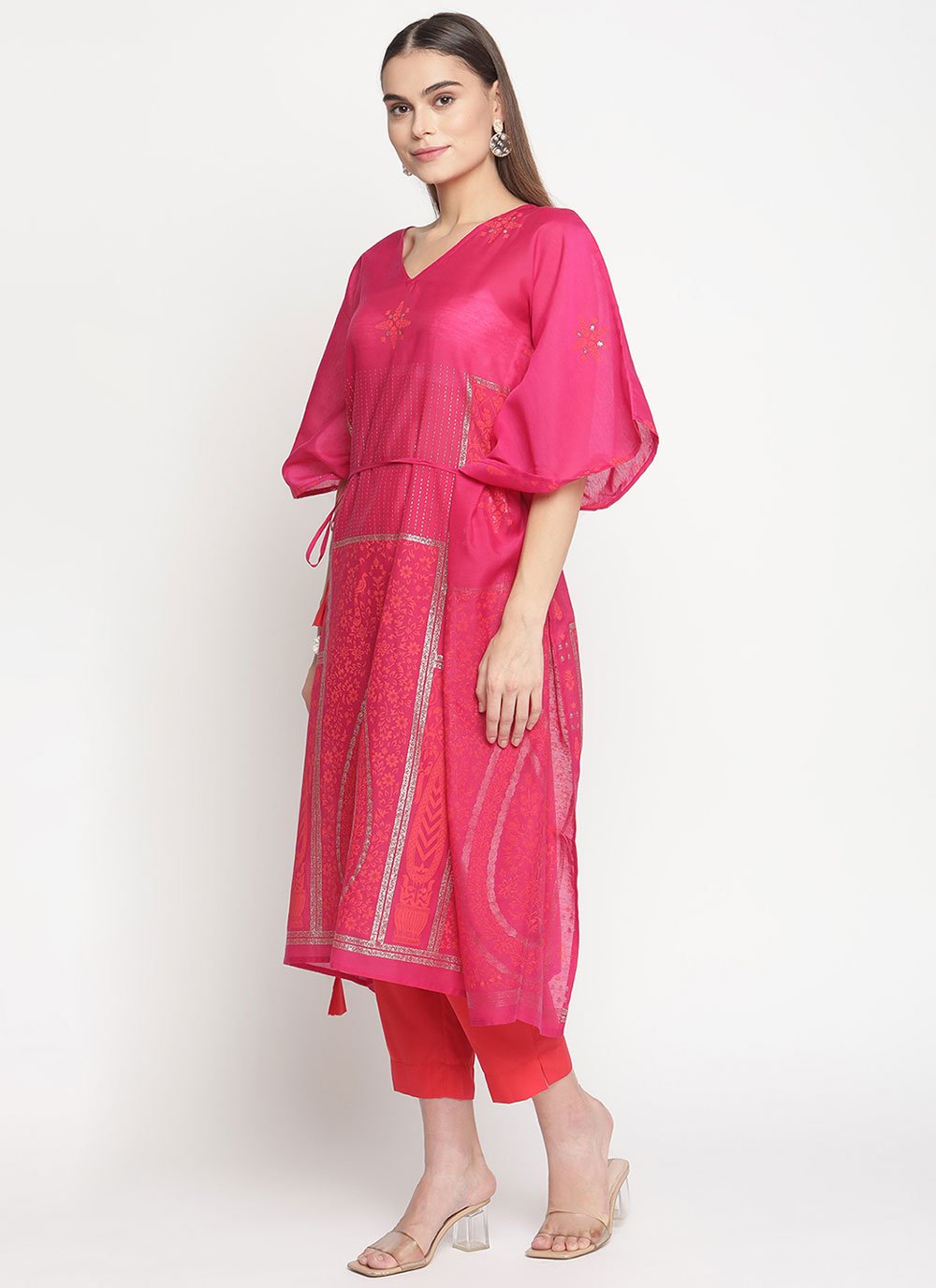Party Wear Kurti Chanderi Fuchsia Print Kurtis