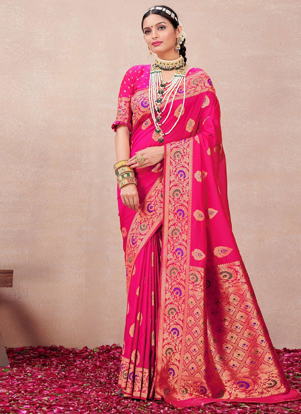 Designer Silk Fuchsia Woven Saree
