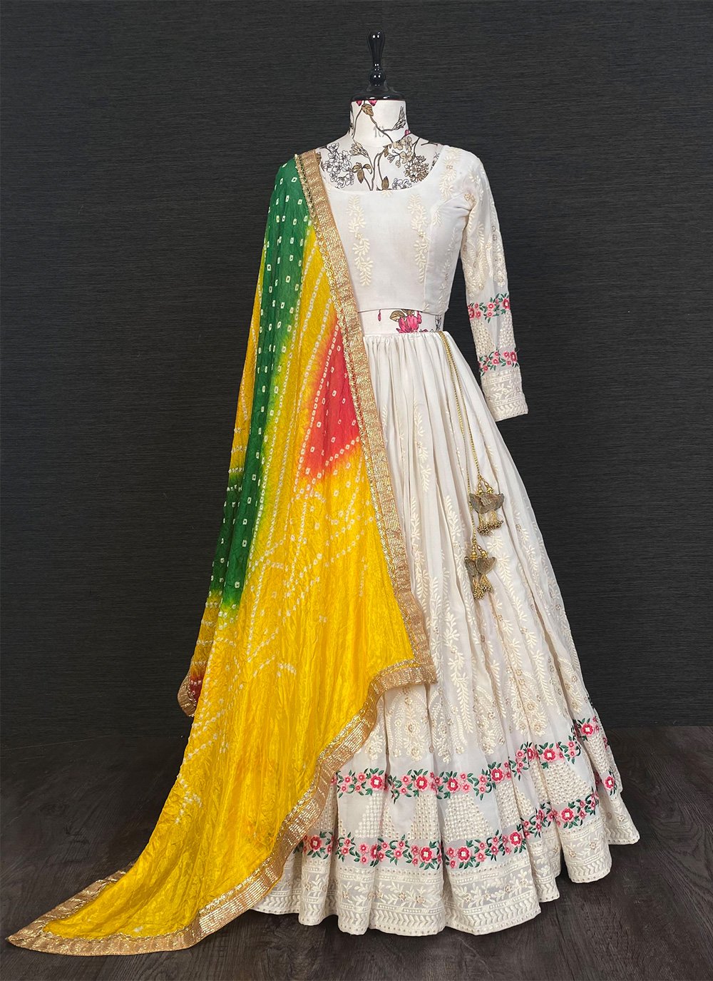 A Line Lehenga Georgette Off White Yellow Embroidered Lehenga Choli