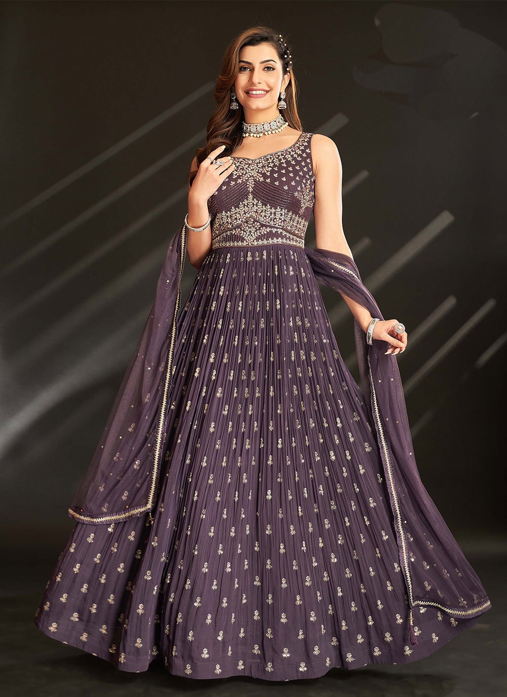 Anarkali Suit Georgette Purple Embroidered Salwar Kameez