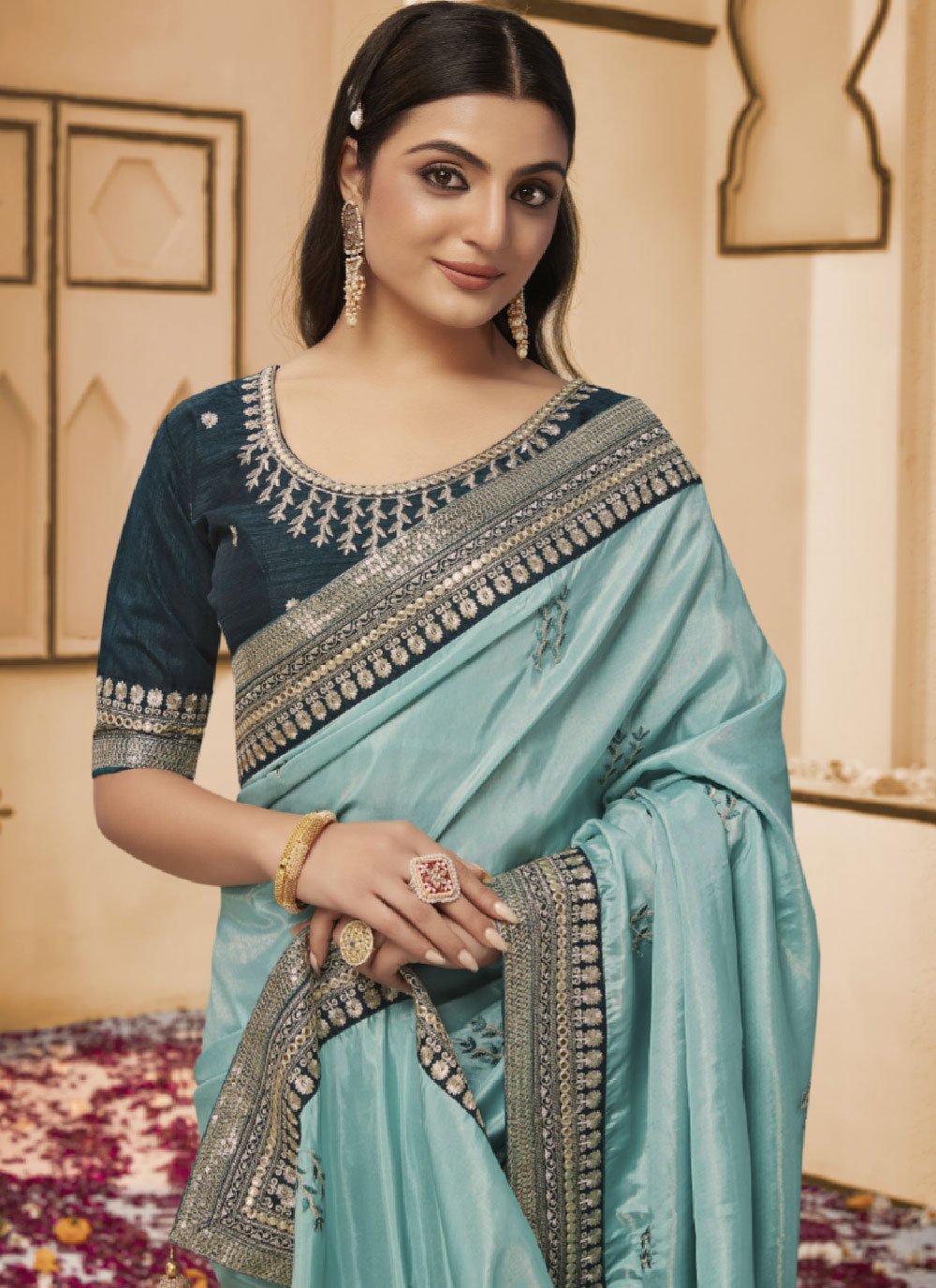 Contemporary Georgette Aqua Blue Patch Border Saree