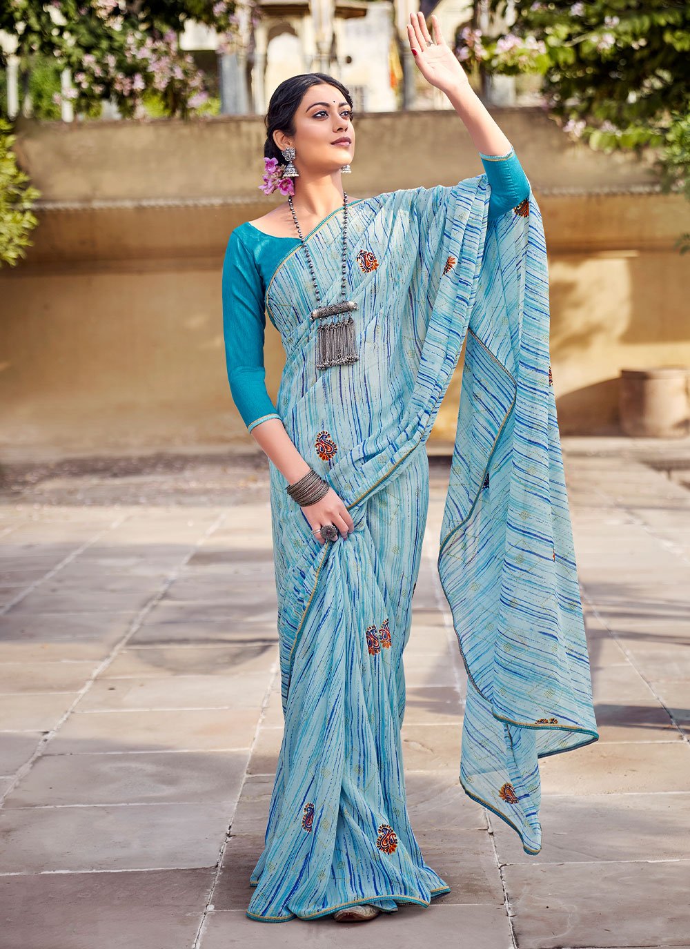 Classic Georgette Aqua Blue Print Saree