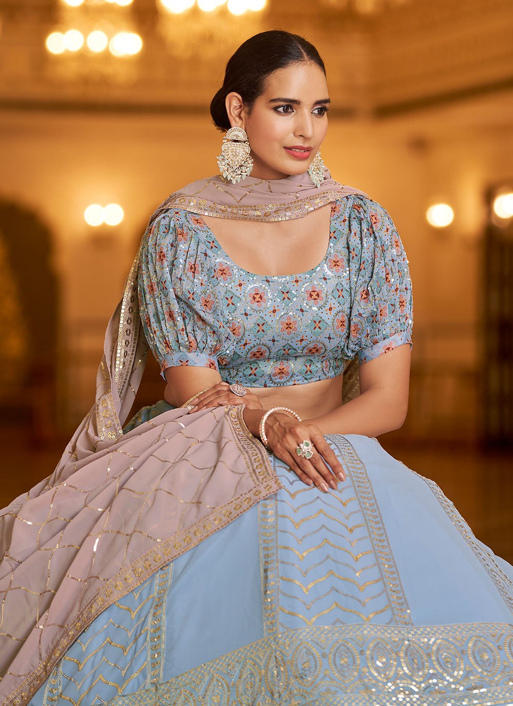 Lehenga Choli Georgette Aqua Blue Embroidered Lehenga Choli