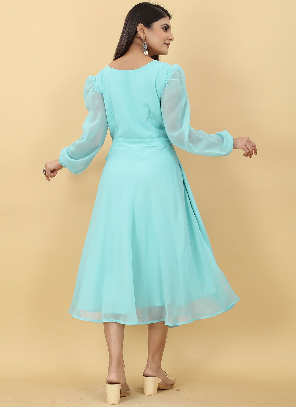 Gown Georgette Aqua Blue Plain Gown