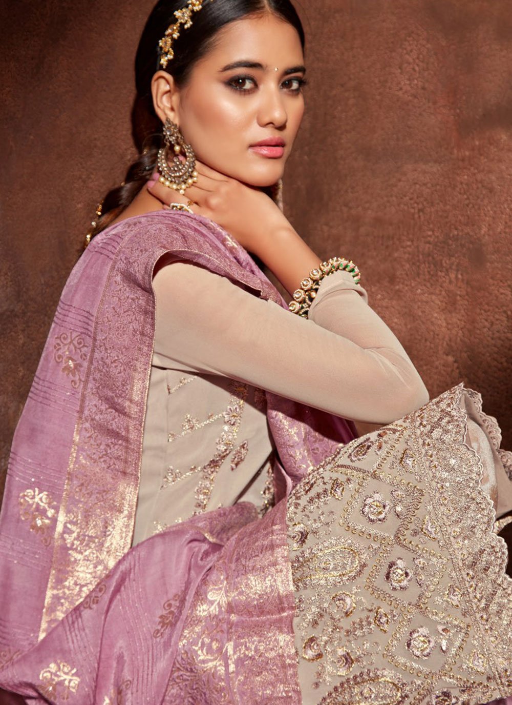 Pant Style Suit Georgette Beige Embroidered Salwar Kameez