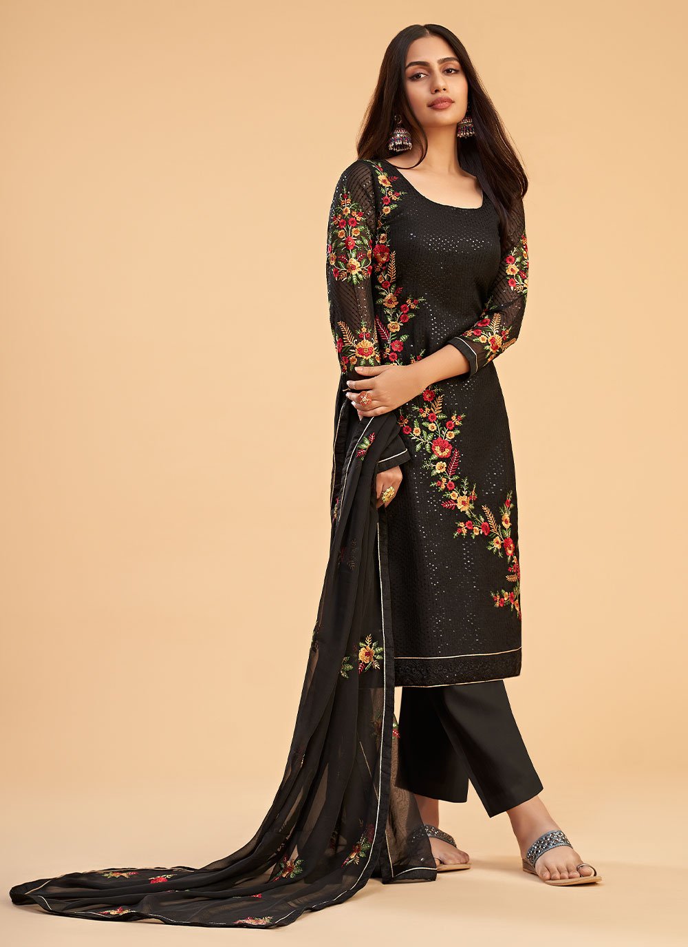 Pant Style Suit Georgette Black Embroidered Salwar Kameez