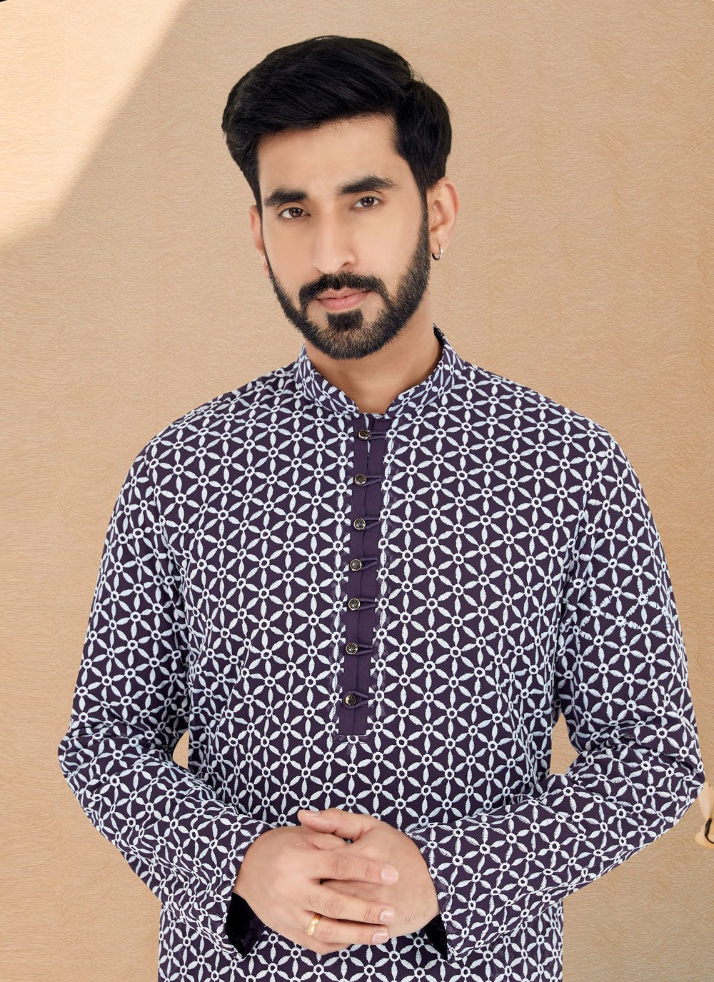 Kurta Pyjama Georgette Blue Embroidered Mens