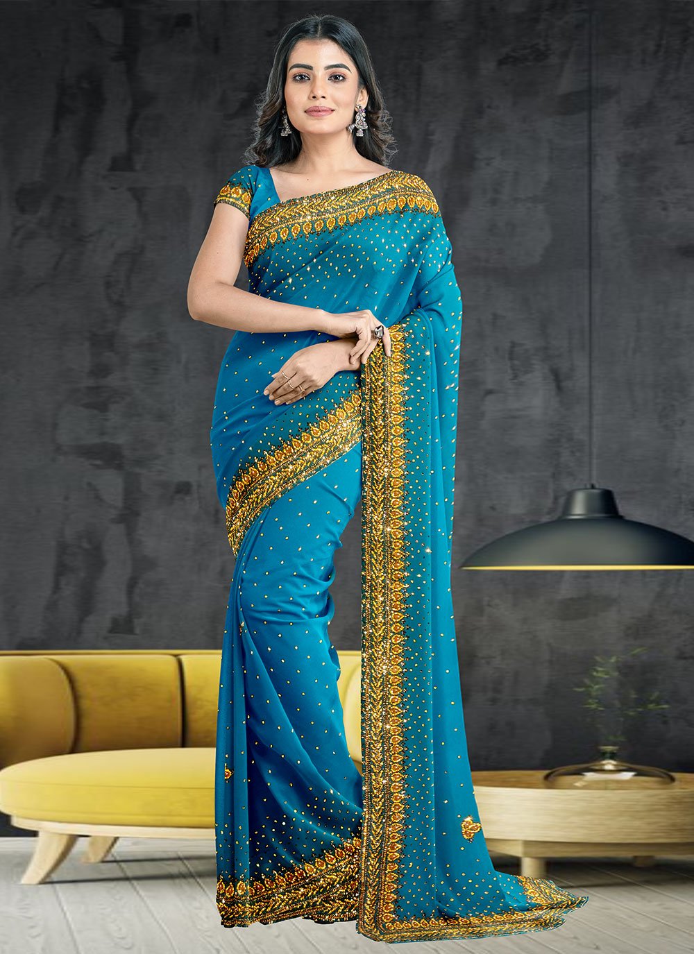 Classic Georgette Blue Hand Work Saree