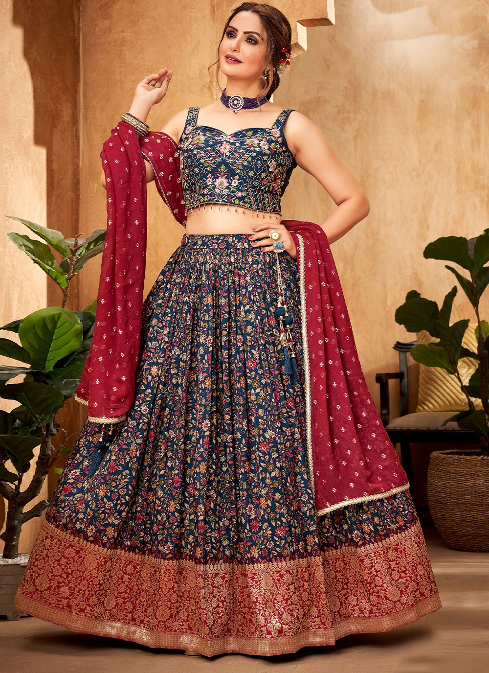 Lehenga Choli Georgette Blue Print Lehenga Choli