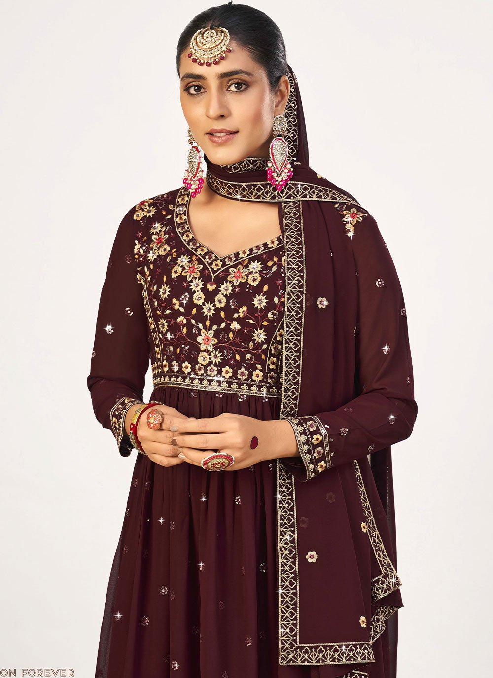 Floor Lenght Salwar Suit Georgette Wine Embroidered Salwar Kameez