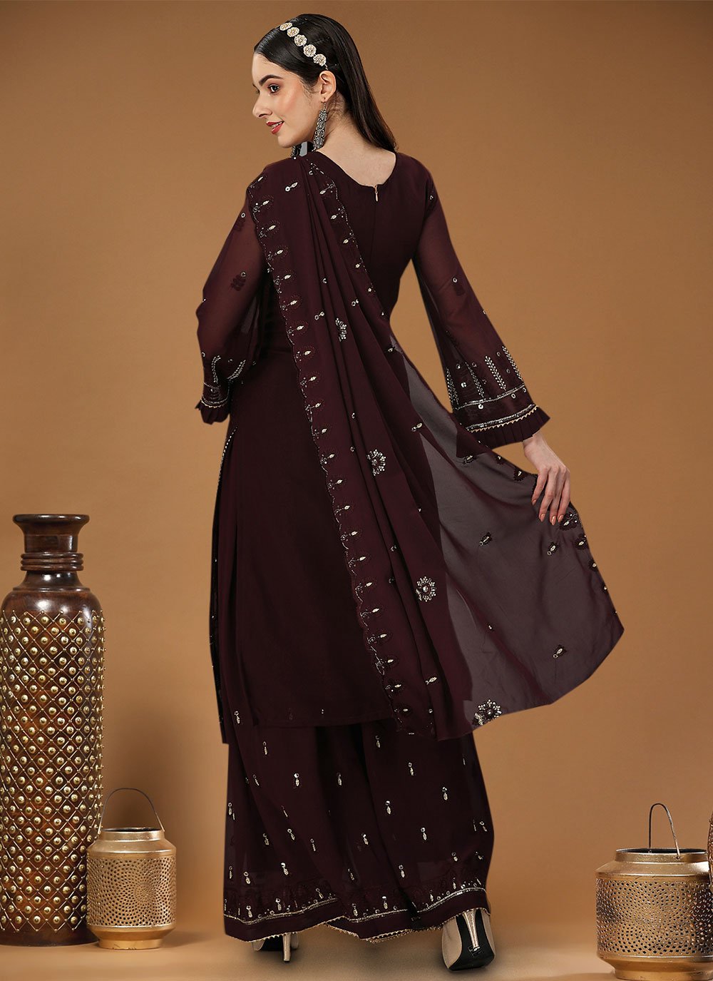 Salwar Suit Georgette Brown Embroidered Salwar Kameez