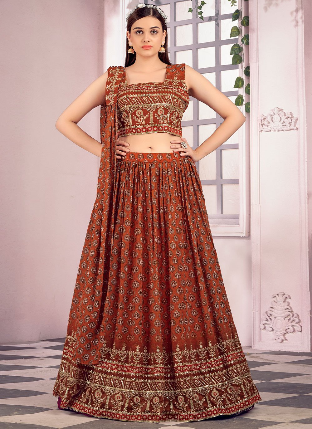 Readymade Lehenga Choli Georgette Brown Embroidered Lehenga Choli