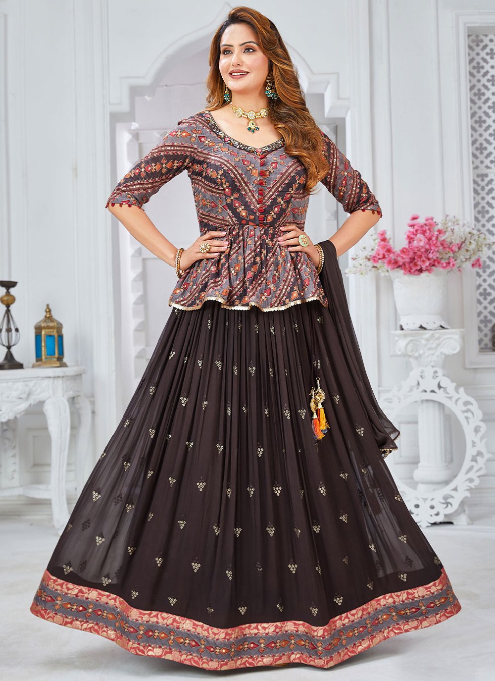Lehenga Choli Georgette Brown Embroidered Lehenga Choli