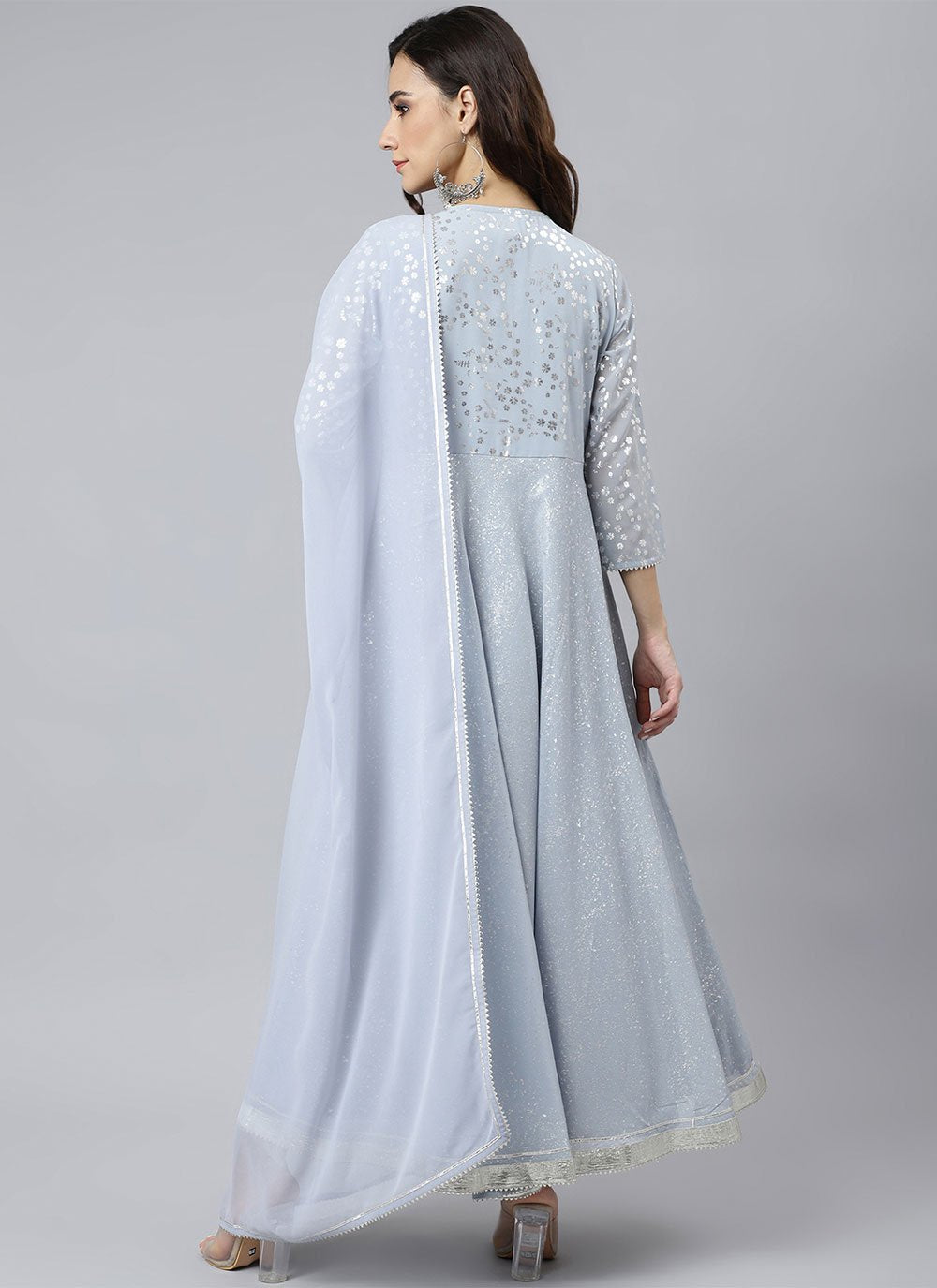 Readymade Style Georgette Aqua Blue Foil Print Salwar Kameez