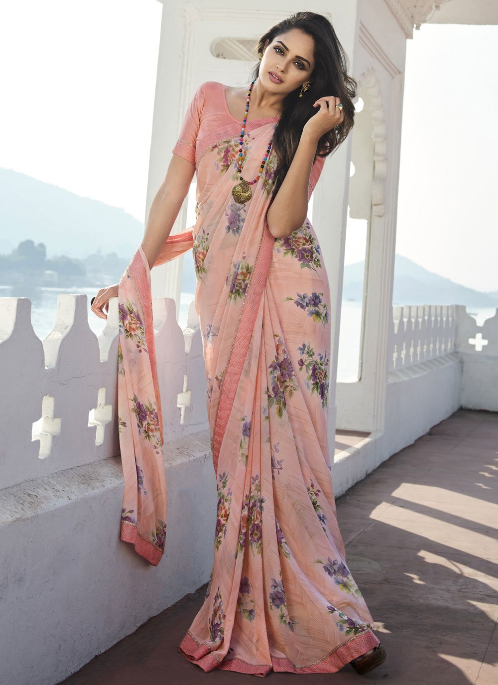 Classic Georgette Peach Print Saree