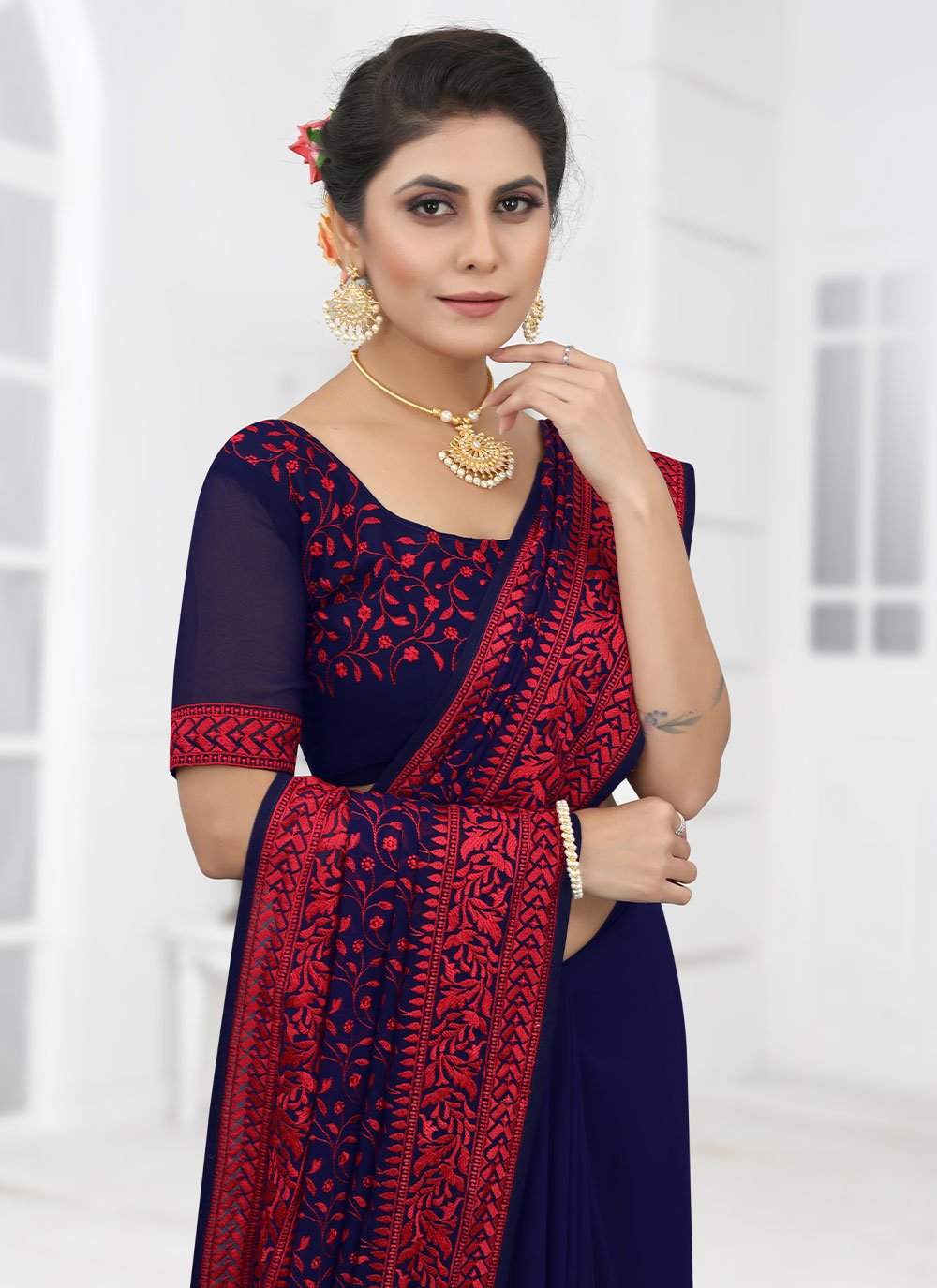 Contemporary Georgette Blue Embroidered Saree