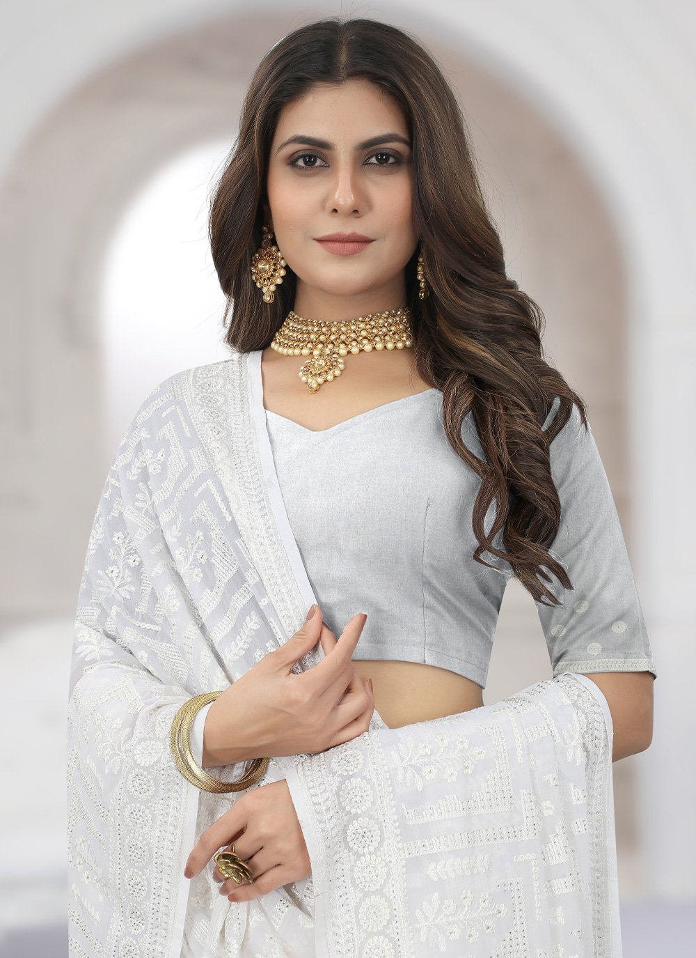 Contemporary Georgette White Embroidered Saree