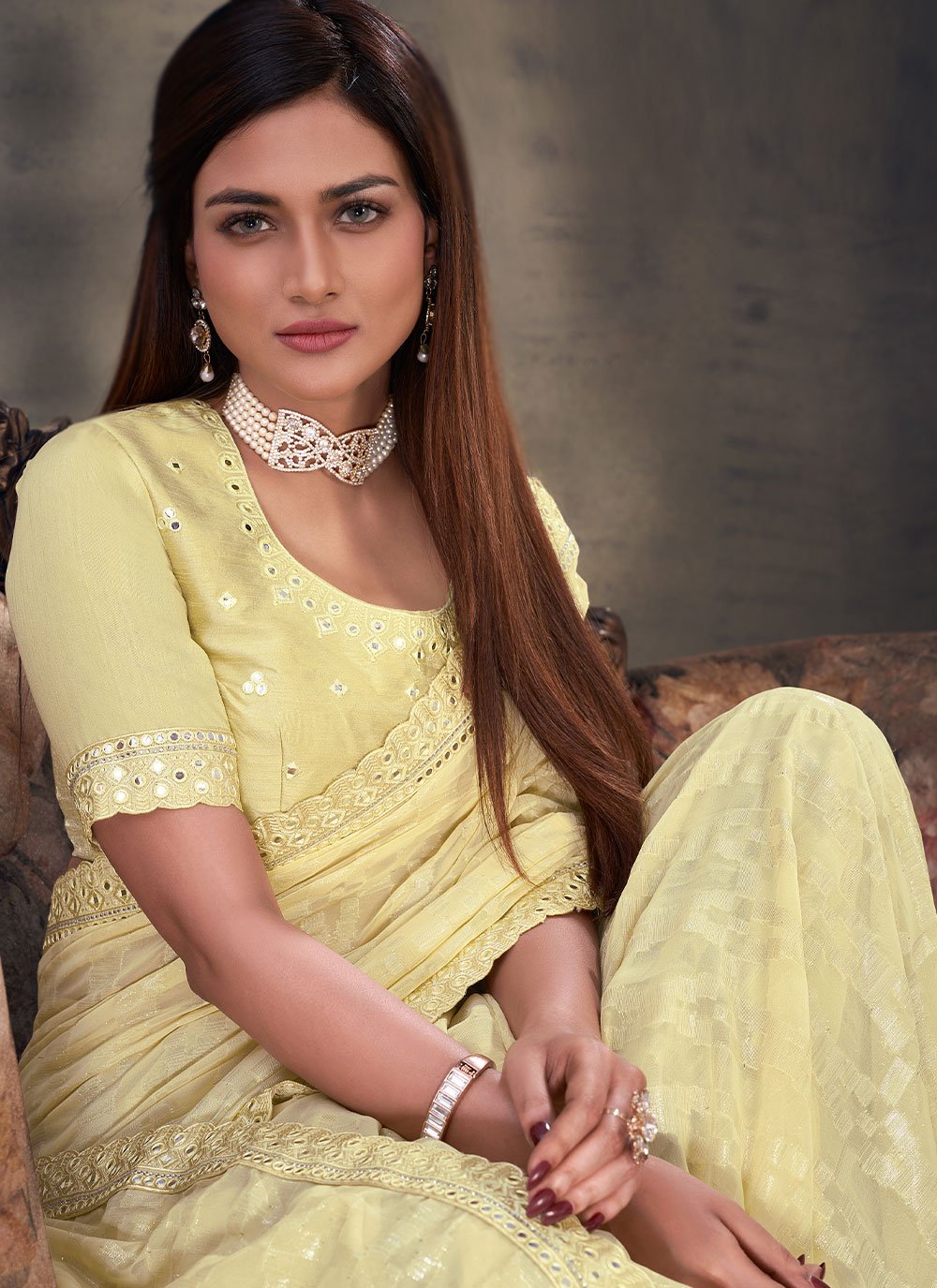 Contemporary Georgette Cream Mirror Saree