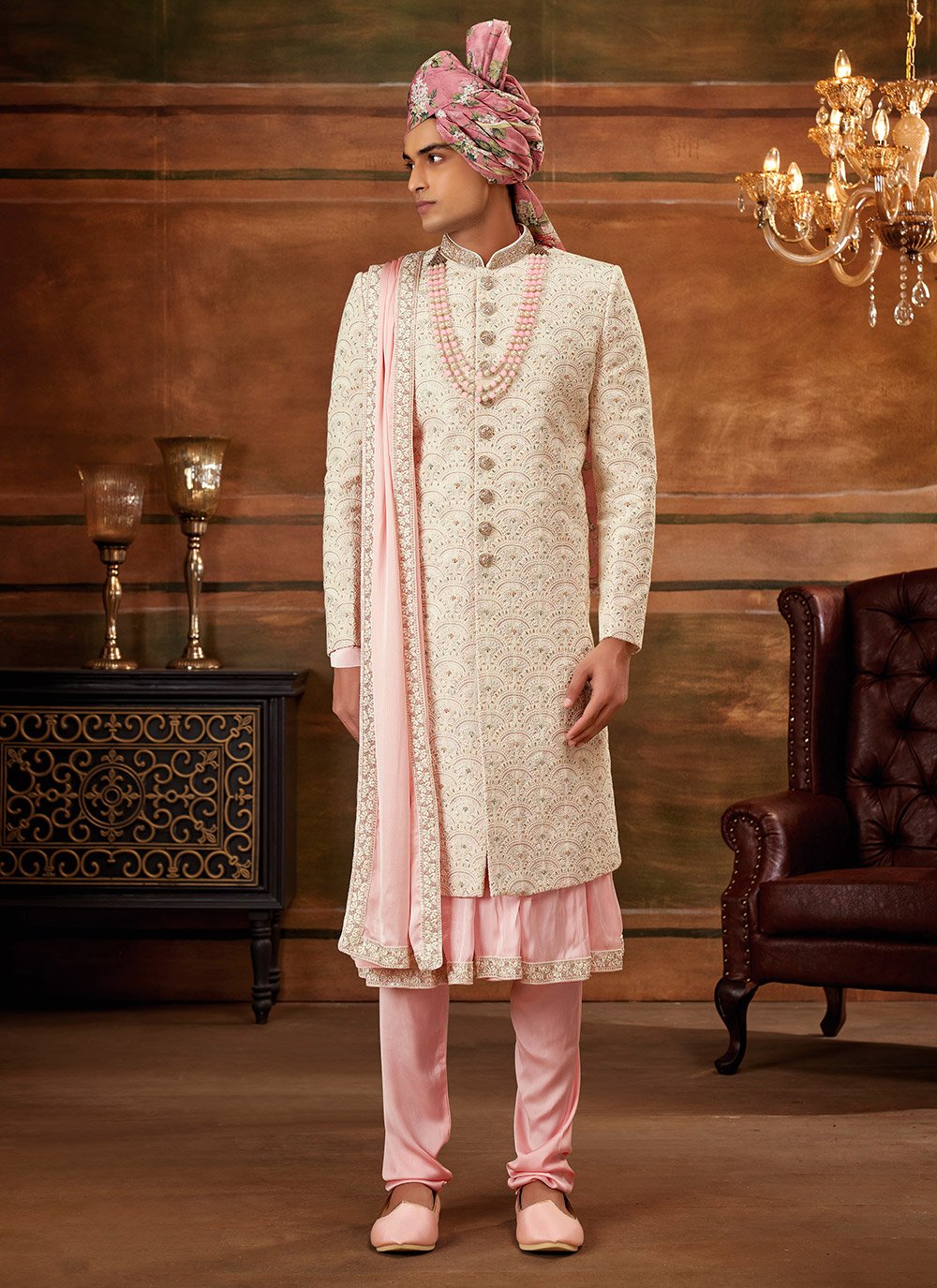 Sherwani Georgette Cream Hand Work Mens