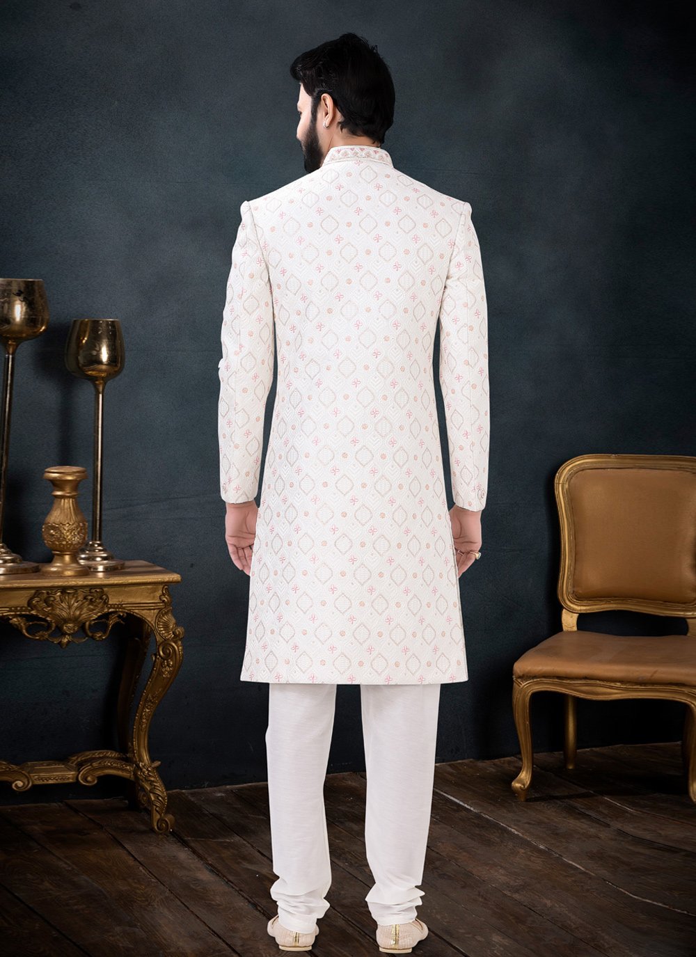 Indo Western Sherwani Georgette Cream Embroidered Mens