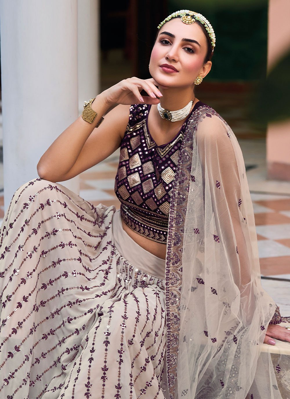 A Line Lehenga Georgette Cream Embroidered Lehenga Choli