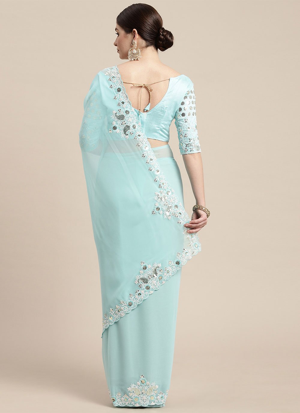 Contemporary Georgette Aqua Blue Embroidered Saree