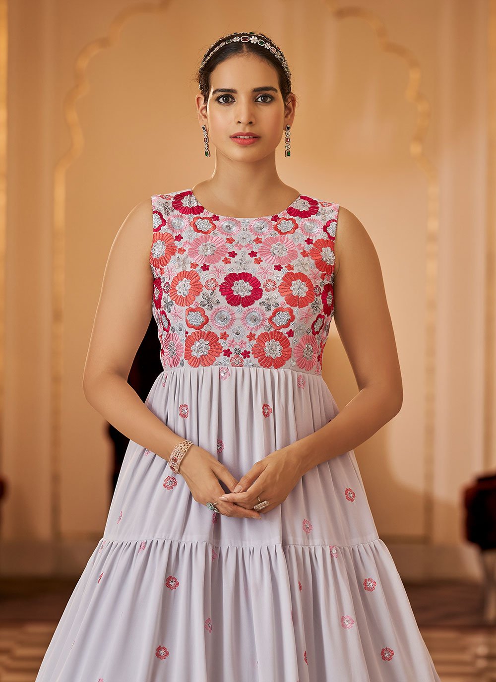 Designer Gown Georgette Grey Embroidered Gown