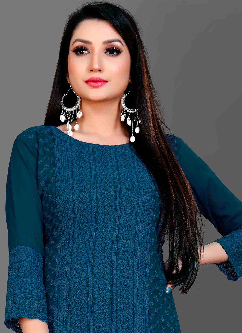 Designer Kurti Chiffon Georgette Blue Embroidered Kurtis