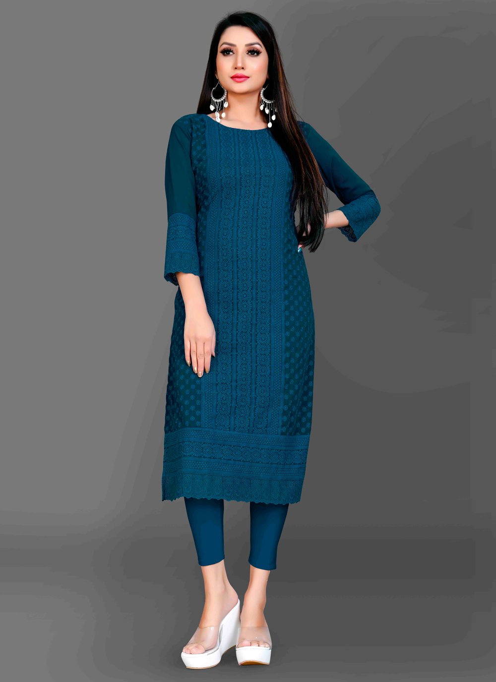 Designer Kurti Chiffon Georgette Blue Embroidered Kurtis – Kajols