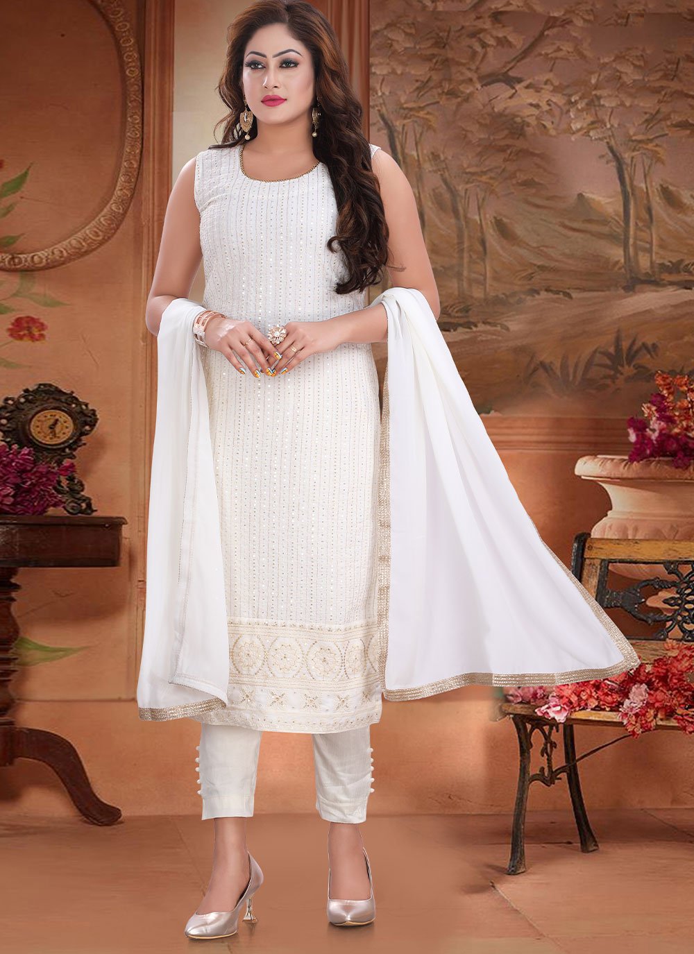 Salwar Suit Georgette White Embroidered Salwar Kameez