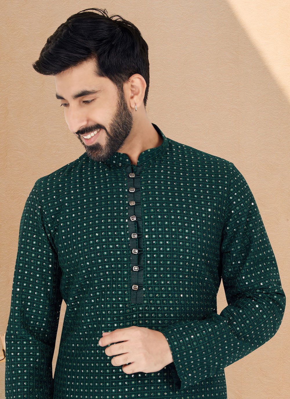 Kurta Pyjama Georgette Green Embroidered Mens