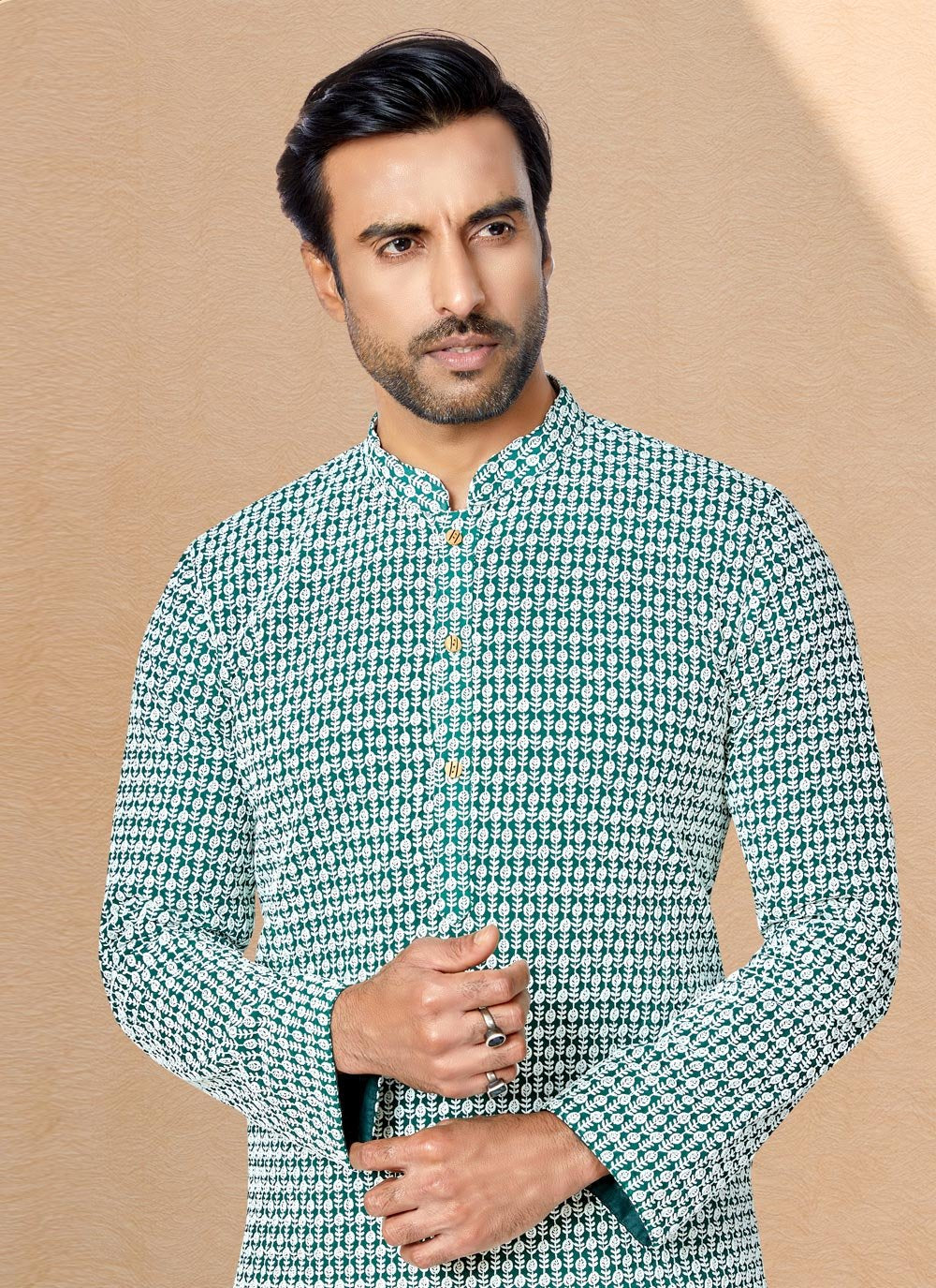 Kurta Pyjama Georgette Green Embroidered Mens