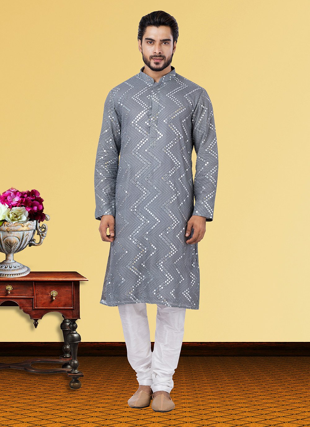 Kurta Pyjama Georgette Grey Embroidered Mens