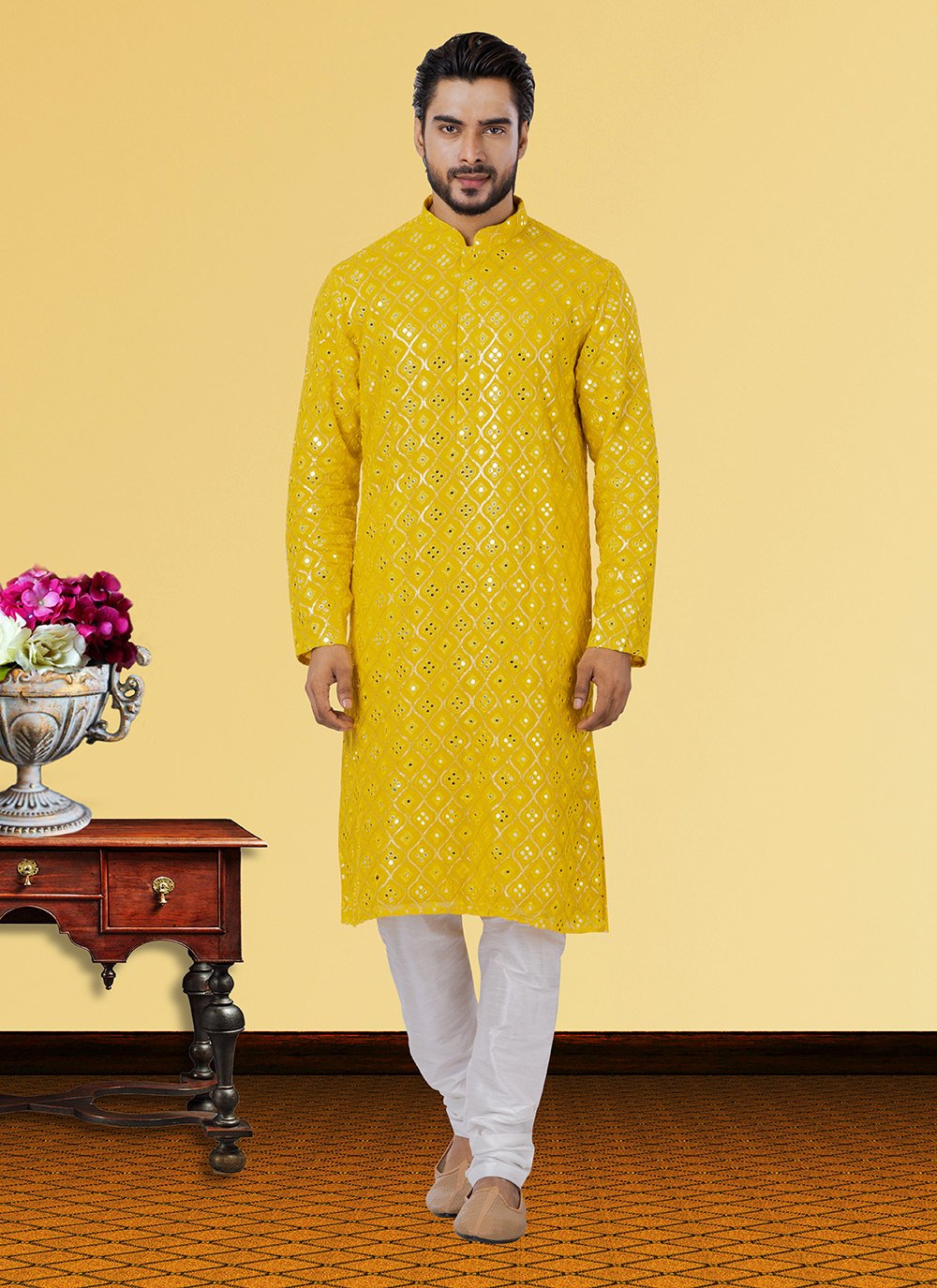 Kurta Pyjama Georgette Yellow Embroidered Mens