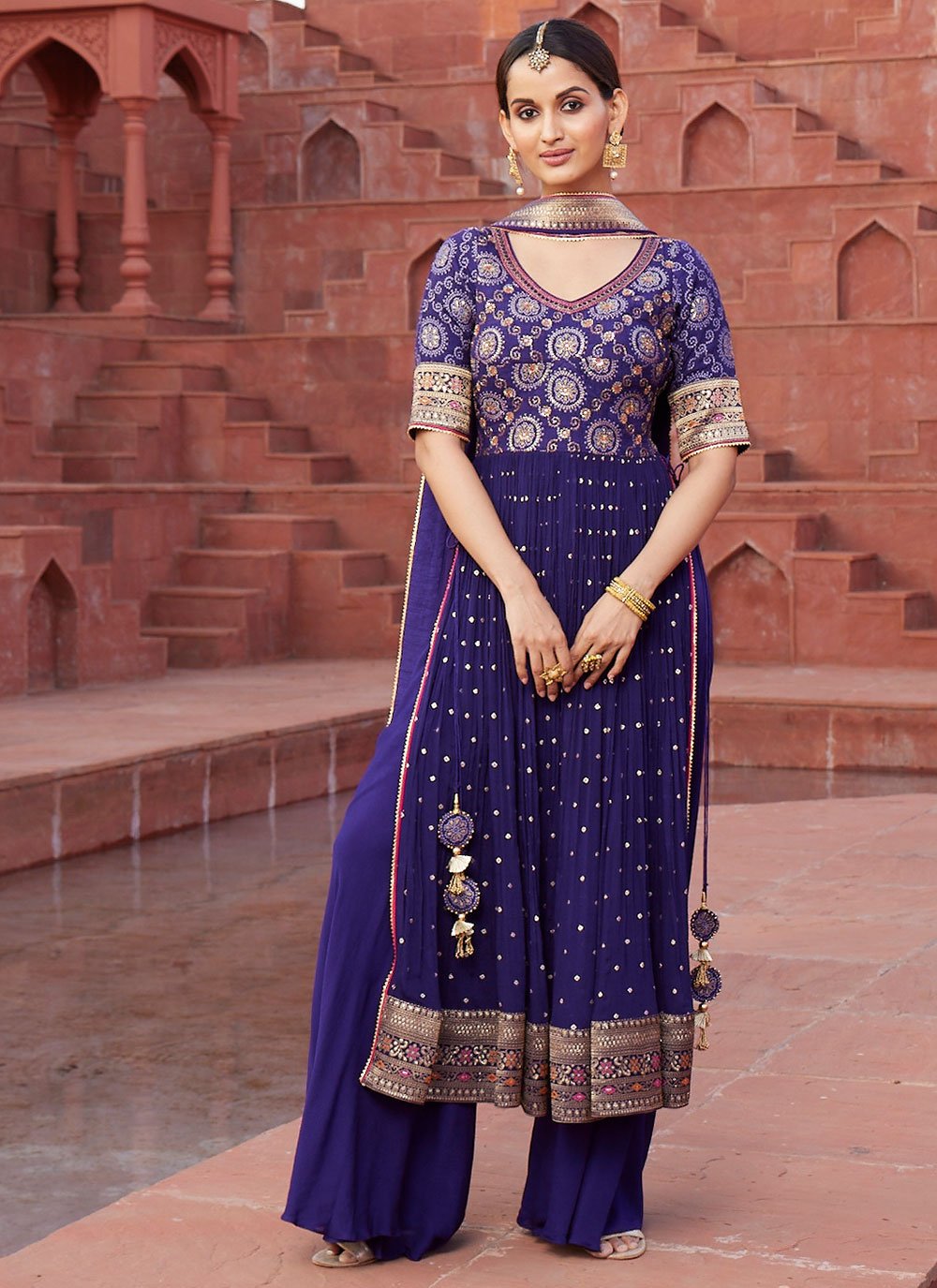 Palazzo Salwar Suit Georgette Blue Embroidered Salwar Kameez