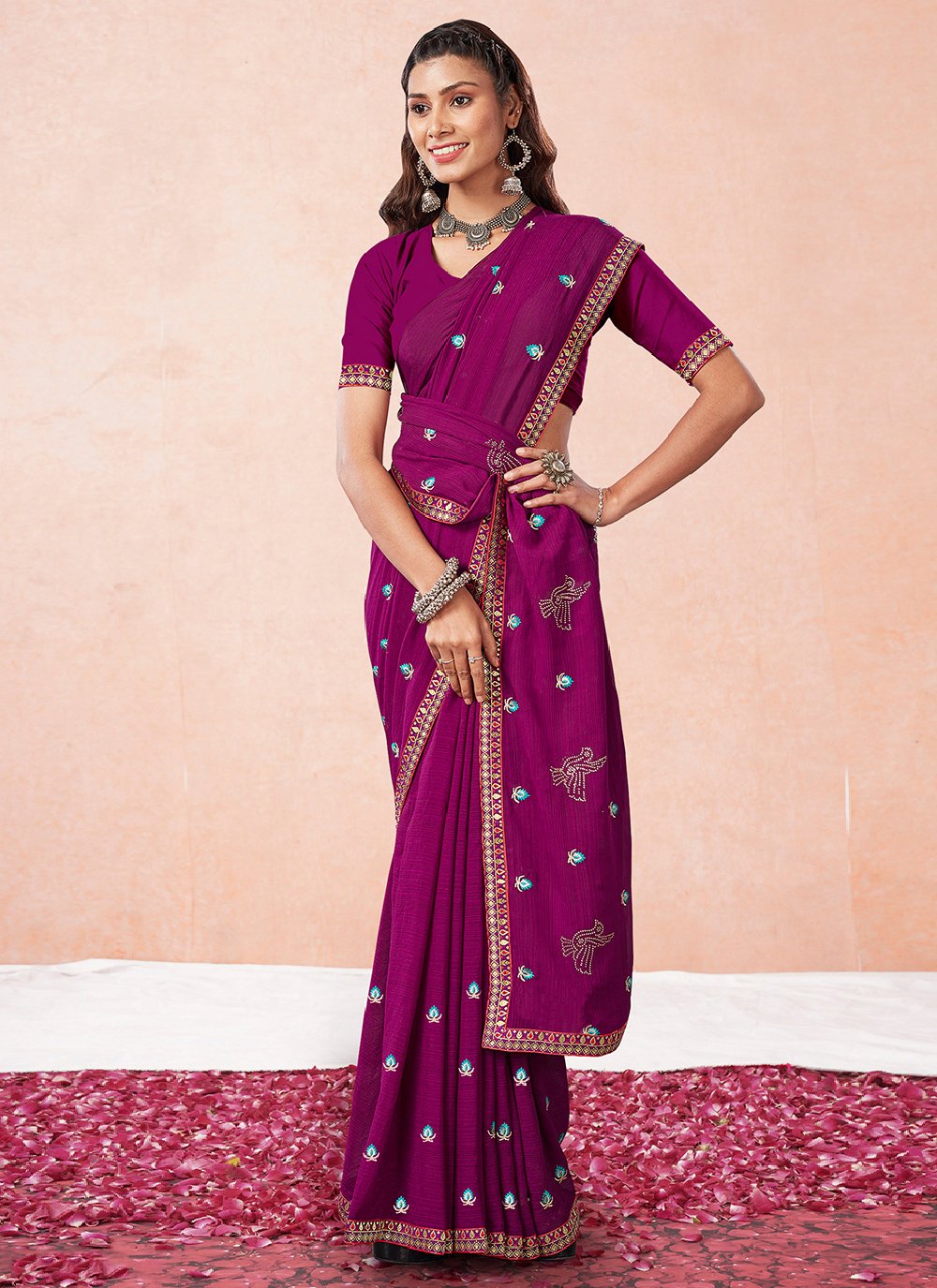Contemporary Georgette Purple Embroidered Saree