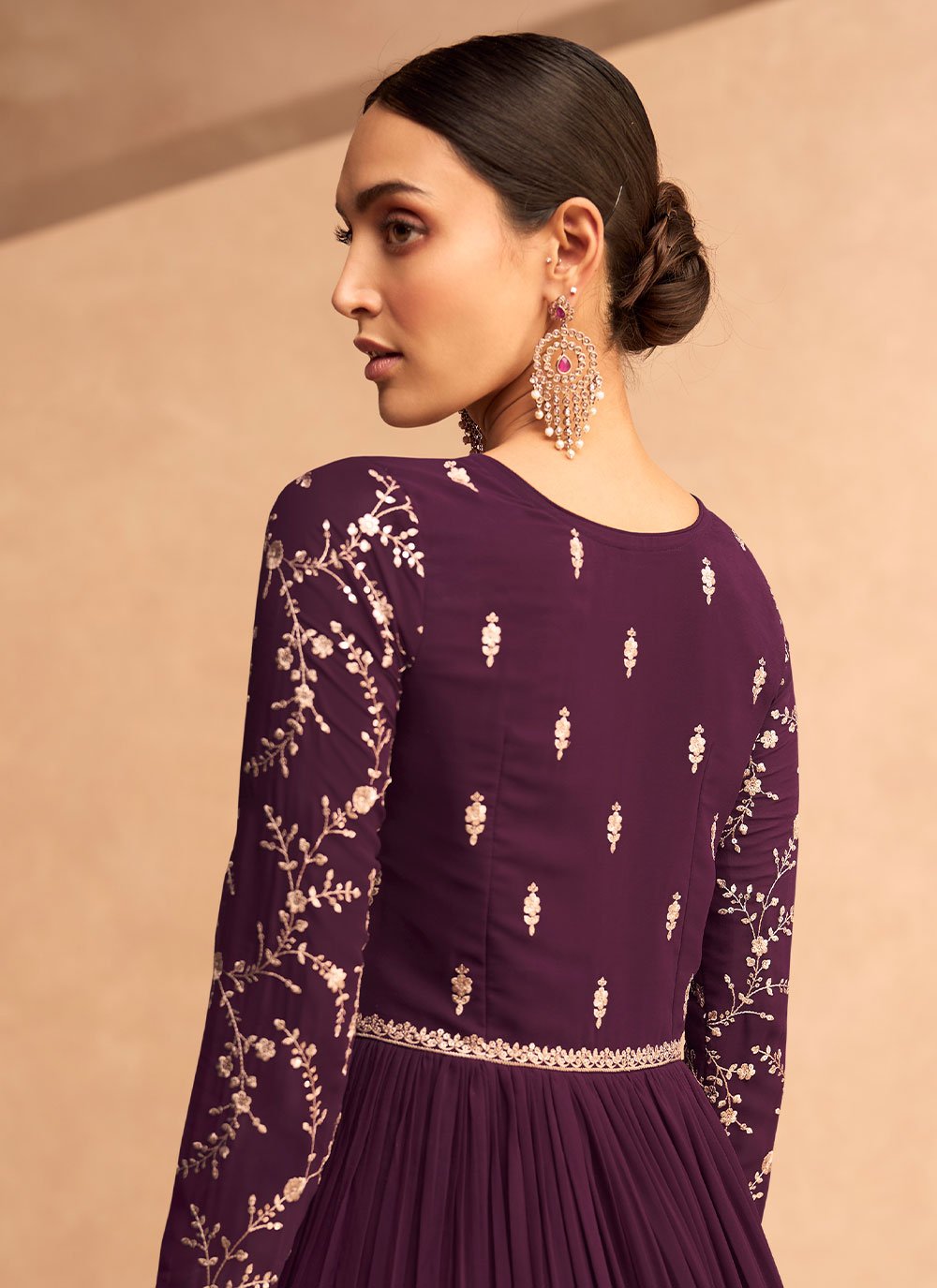 Gown Georgette Purple Embroidered Gown