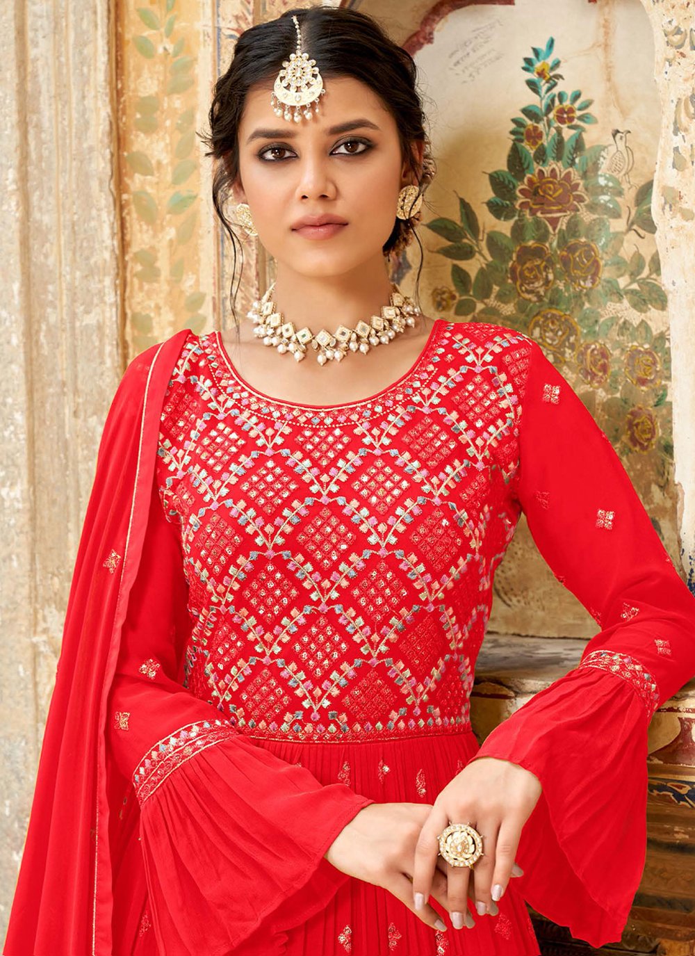 Readymade Lehenga Choli Georgette Red Embroidered Lehenga Choli