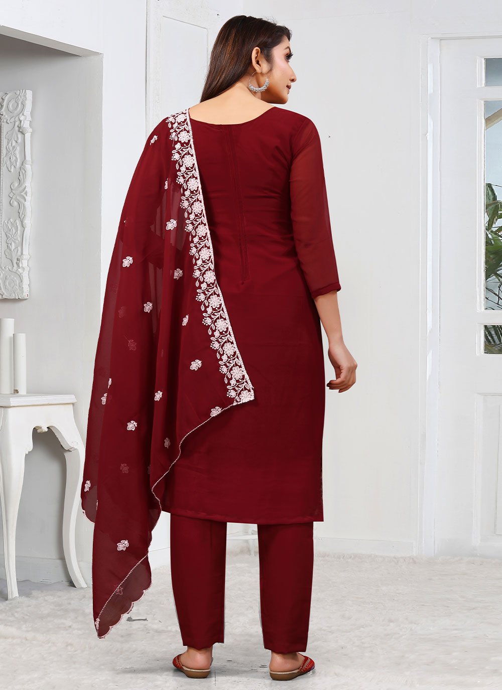 Salwar Suit Georgette Maroon Embroidered Salwar Kameez