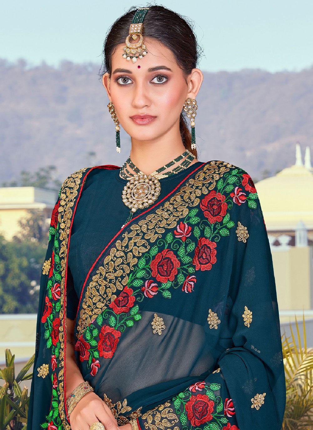 Trendy Saree Georgette Teal Embroidered Saree