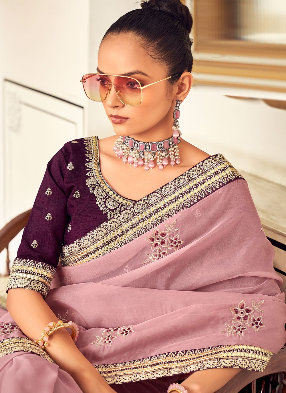 Trendy Saree Georgette Lavender Embroidered Saree