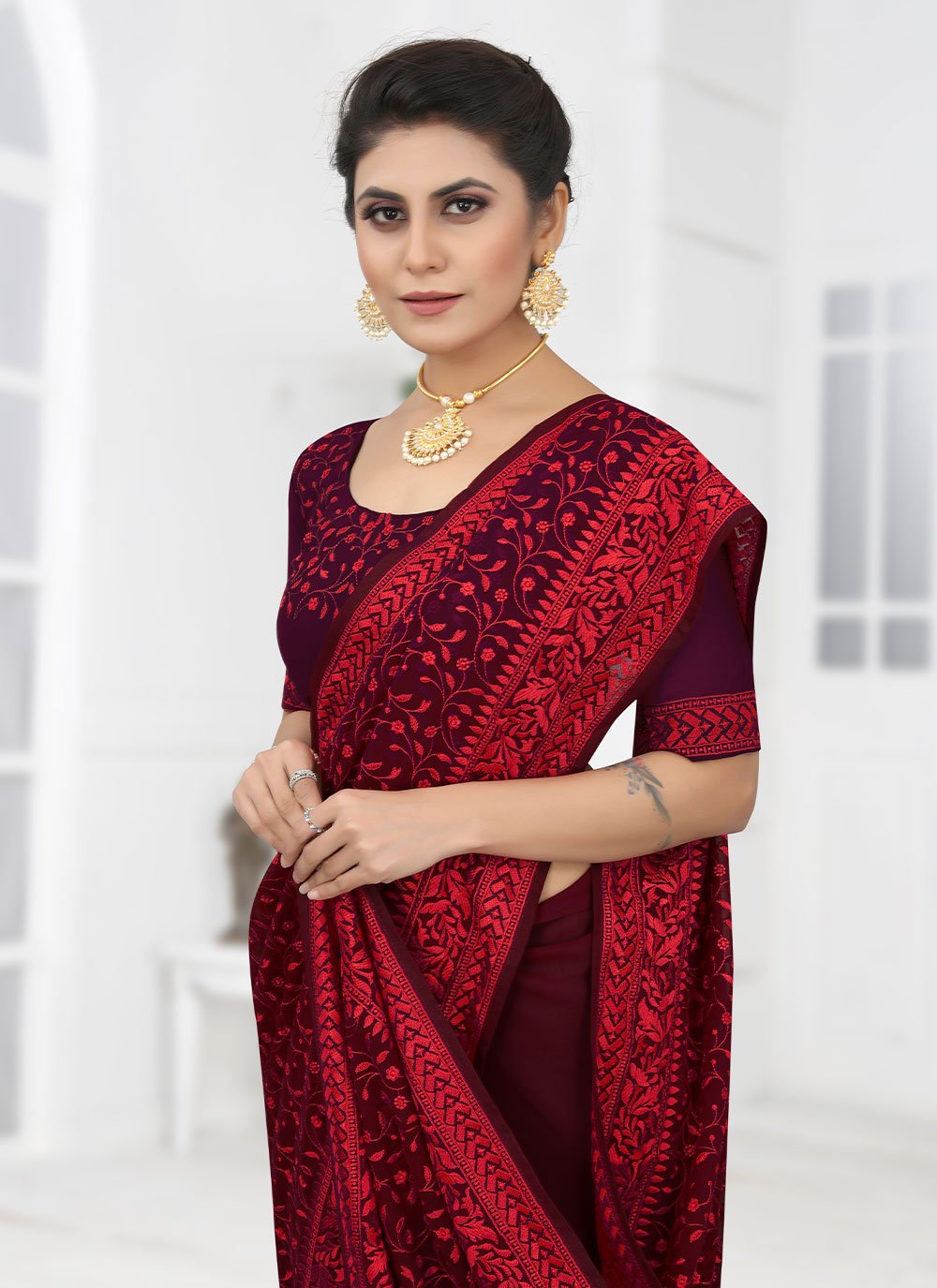 Designer Georgette Wine Embroidered Saree