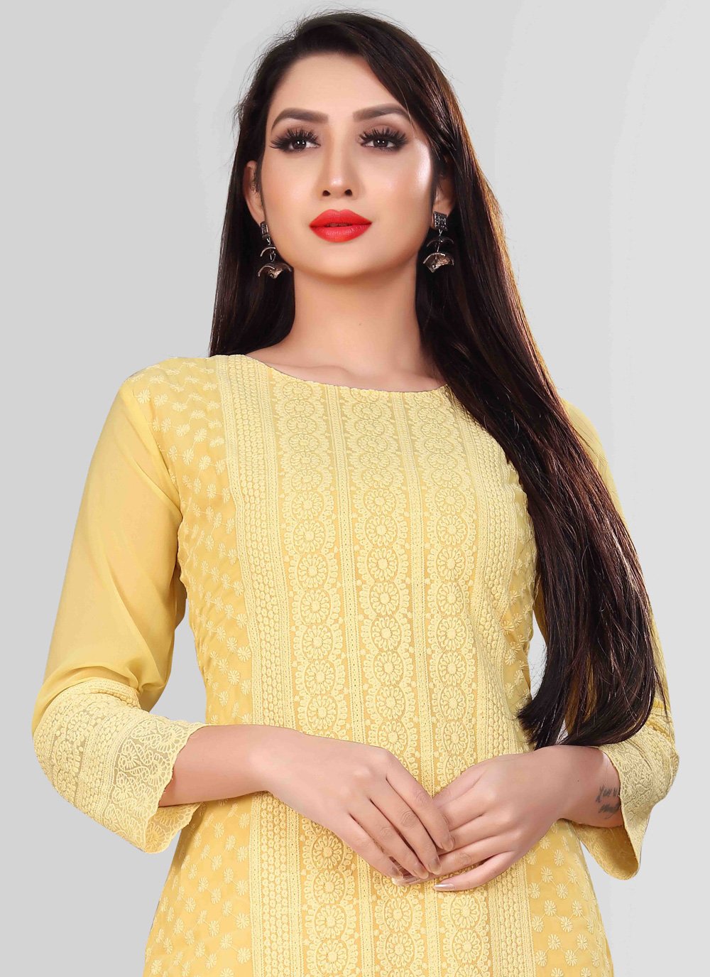 Designer Kurti Chiffon Georgette Yellow Embroidered Kurtis