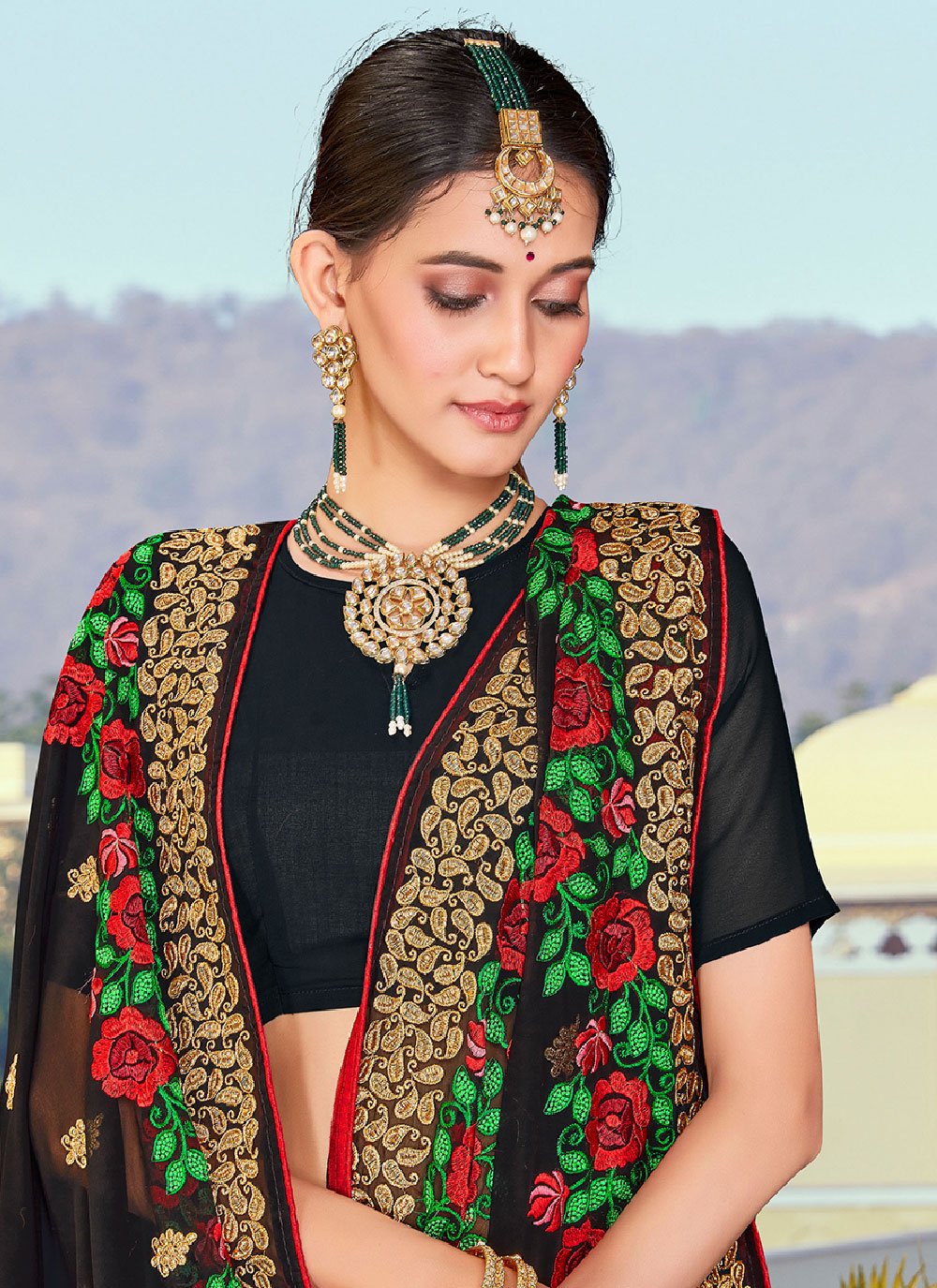 Classic Georgette Black Embroidered Saree
