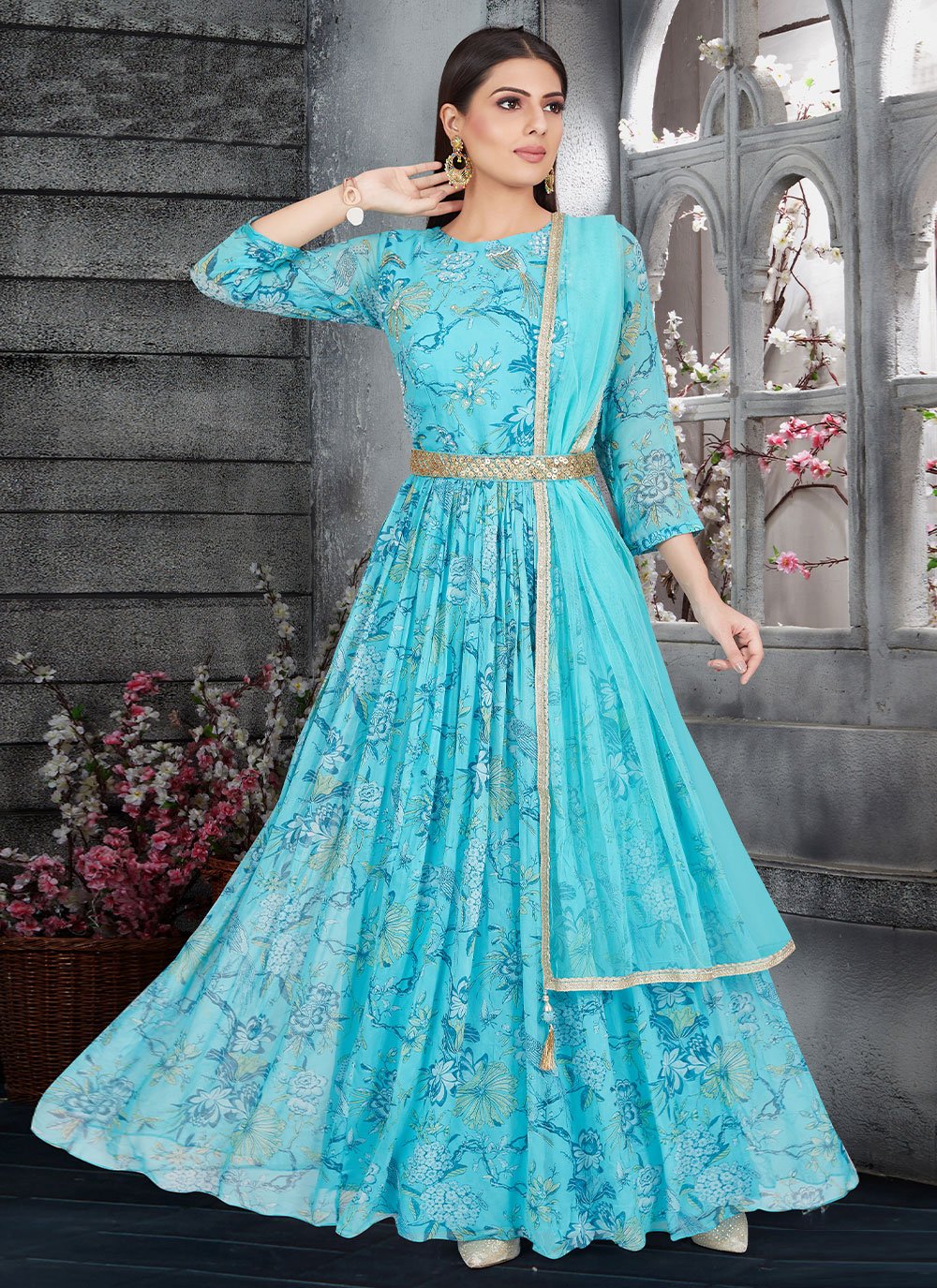 Gown Georgette Aqua Blue Print Gown