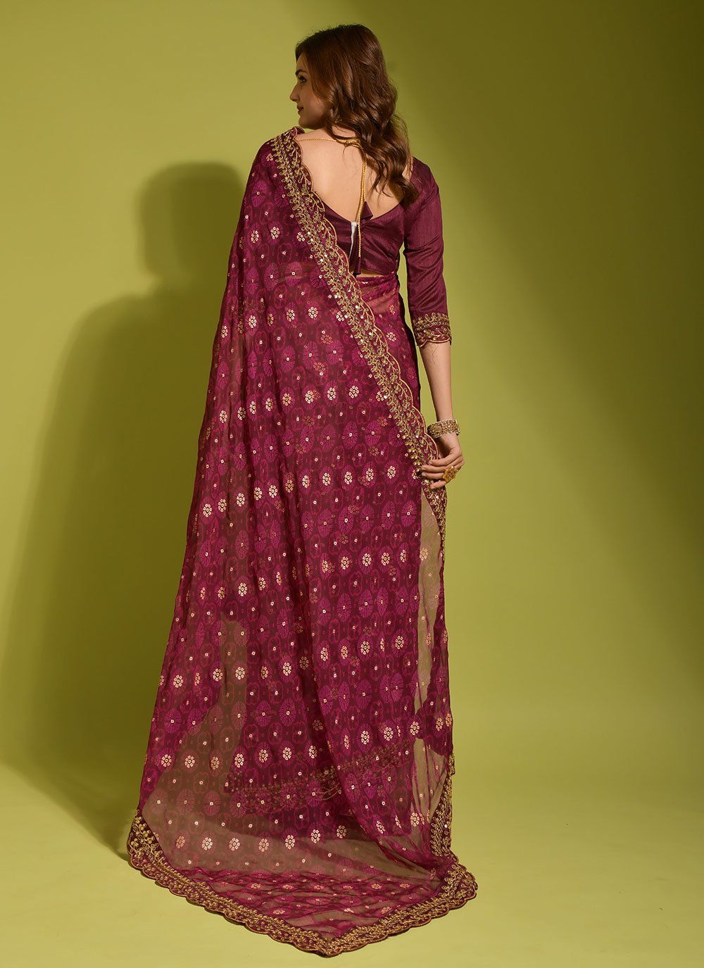 Classic Chiffon Georgette Wine Embroidered Saree